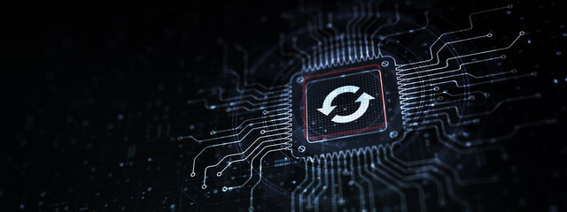 Software Update Ensuring System Efficiency Illustrated on a Processor Touched by a Human Hand.