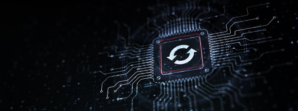 Software Update Ensuring System Efficiency Illustrated on a Processor Touched by a Human Hand.