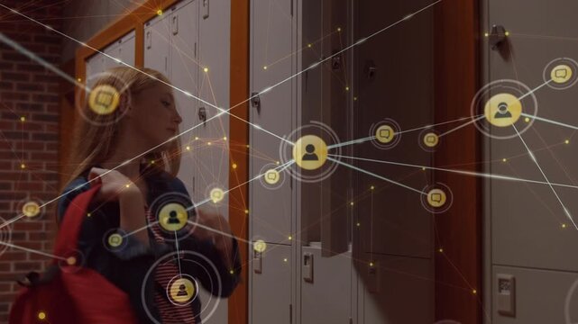 Network of profile icons against caucasian girl opening her locker and taking her stuff at college