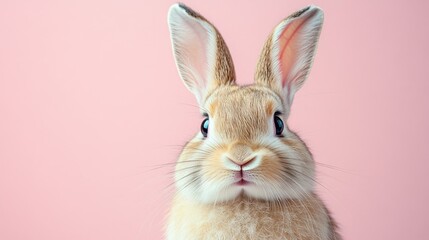 Obraz premium Cute fluffy rabbit with large ears and expressive eyes posing against a soft pink background, perfect for spring and animal-themed designs and projects