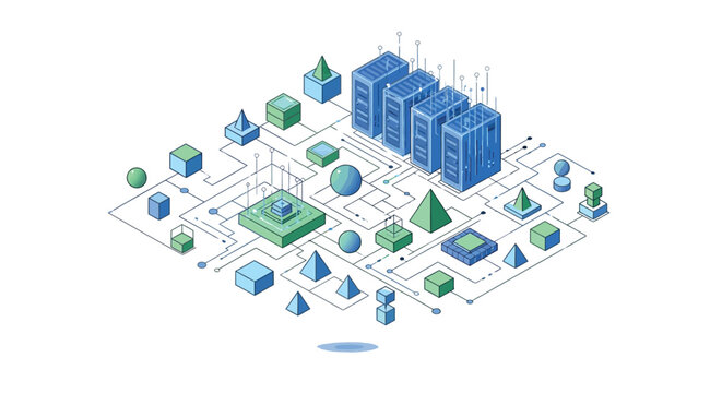Isometric visualization of complex data networks featuring server racks and abstract geometric processing units