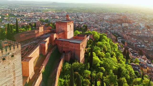 Aerial view of the Alhambra palace at sunset in Granada, Andalusia, Spain