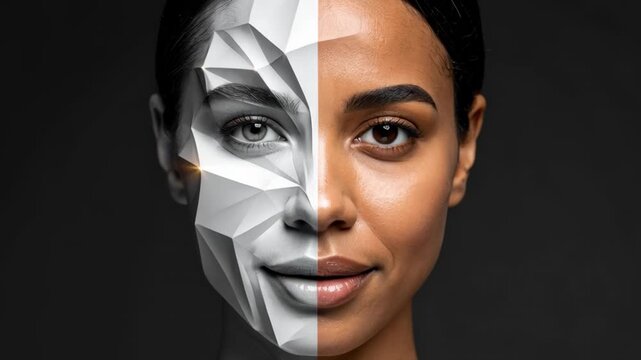 Split face portrait of a woman with one side realistic and the other side geometric and grayscale