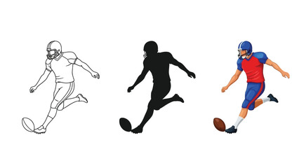 Fototapeta premium Football player kicking ball in three styles outline sketch, silhouette, and full color illustration