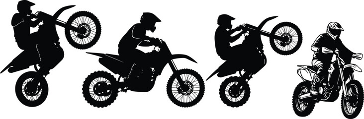 Motocross dirt bike rider silhouettes vector illustration extreme sport motorcycle jump racing offroad action stunt black white collection set design © MstMinara