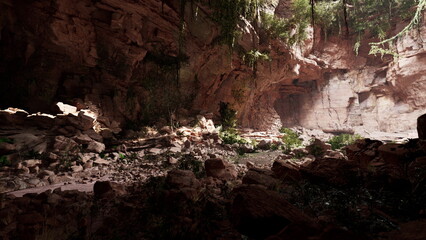 Sunlight filters through a rocky canyon, illuminating plants and stones. The peaceful setting invites exploration, with natures beauty surrounding the viewer in harmony and tranquility.