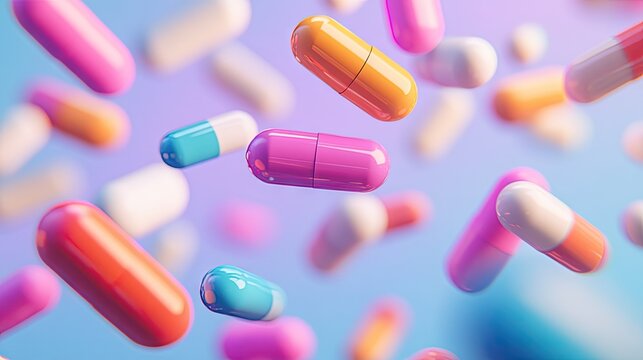 Colorful capsules and pills floating in mid-air against a vibrant blue and purple background, representing health, medicine, and pharmacy concepts.