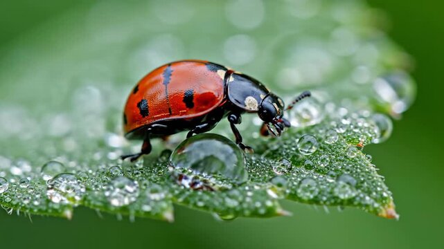 Ladybug Crawling on Dewy Green Leaf Macro