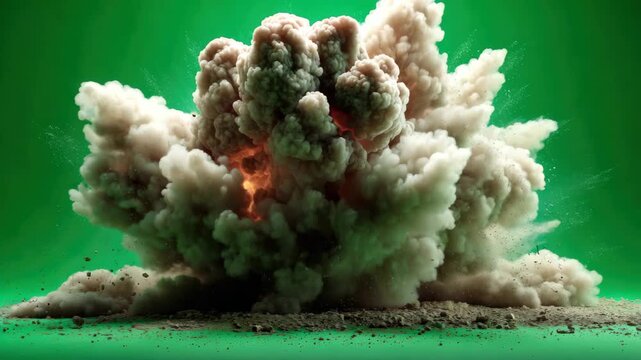 Explosion occurs in a controlled environment showing smoke and dust over a green background in high quality microstock video
