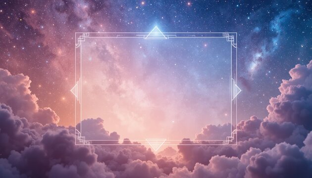 Dreamy purple sky with stars and clouds, mystical frame border