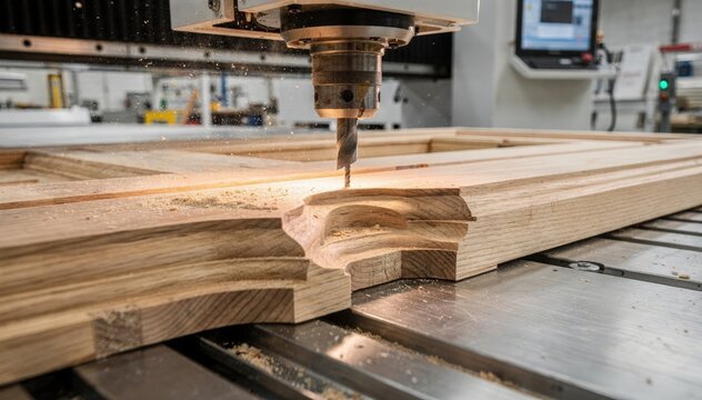 Wood profile cutting with CNC machine focused on the creation of detailed door casings emphasizing accuracy and smooth edges in advanced manufacturing.
