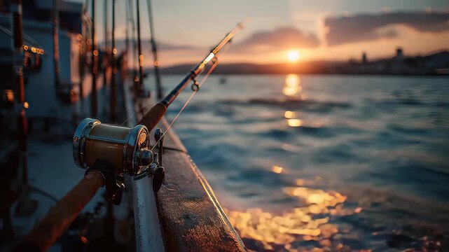 Fishing rods are placed on a boat railing at sunset with calm water and city skyline visible in the background during an evening fishing trip