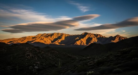 Naklejka premium Majestic mountains illuminated by sunrise, landscape view from a distance, serene atmosphere