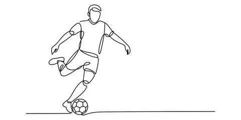 One continuous line drawing of a soccer player in action with a ball on white background Vector, illustration © Pabon Art Gallery