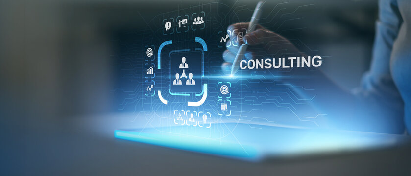 Business Consulting and Strategic Advisory Services Illustrated on Virtual Interface.
