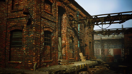 A weathered industrial warehouse features exposed brick walls, scattered pallets, and remnants of machinery. The location has a nostalgic feel, reflecting a time long past.