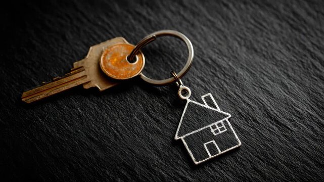 Keys with house keychain on a black surface arranged in four sections highlighting details and designs showing different angles and features