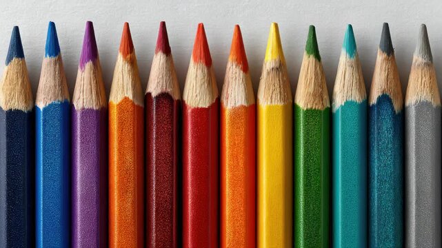 Colorful collection of sharpened colored pencils arranged neatly on a flat surface for artistic projects or creative activities in bright lighting
