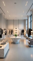 Upscale boutique interior displays contemporary fashion apparel and luxurious marble furnishings under bright recessed lighting