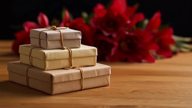 Stacked gift boxes tied with rustic twine sit on a warm wooden surface with blurred vibrant red flowers and dark background creating an elegant celebratory atmosphere perfect for holidays