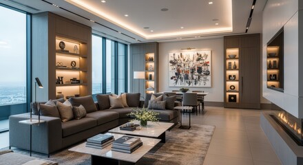 Fototapeta premium Luxurious modern penthouse living area features expansive city views and sophisticated interior design elements