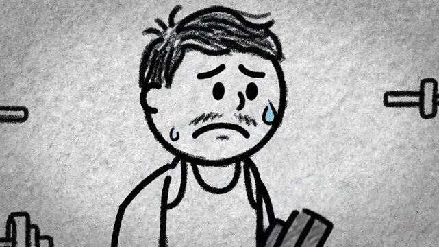Animated cartoon figure struggles to lift weights at a fitness gym