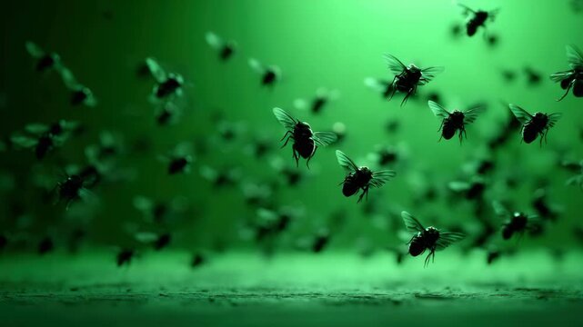 Swarm of flies in motion against green backdrop during nighttime with soft lighting effects