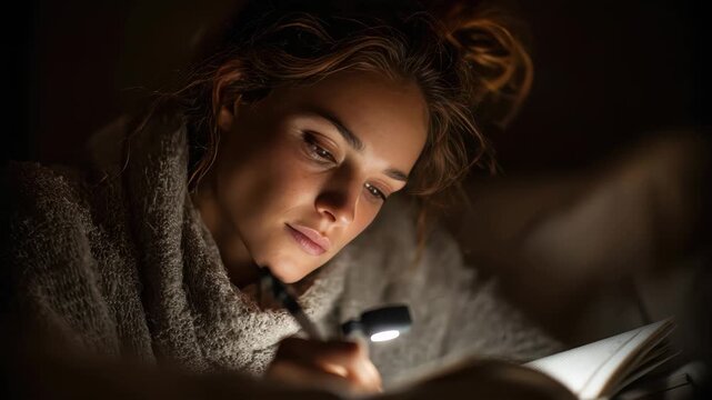 Woman reading a book with a flashlight in a warm room during evening hours while wearing a cozy sweater and focused on the text