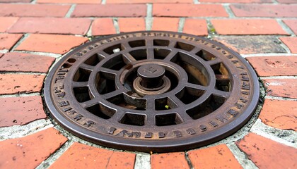 Close up of a vintage cast iron vent cover on a brick wall.