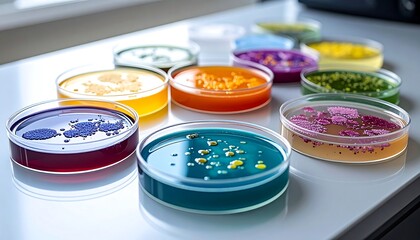 Colorful Petri Dishes with Bacterial Cultures in a Laboratory Setting.