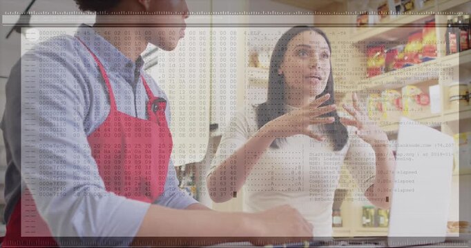 Animation of data processing over diverse business people in cafe