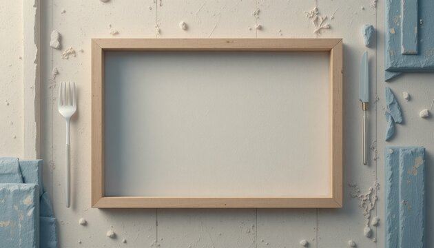 Blank wooden frame on rustic wall with silver cutlery and blue bricks