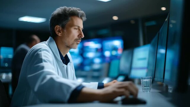 Faceless engineer working at control room panel, manager system monitoring, technician observing multiple displays, program tracking operation, control interface work, defocused sc