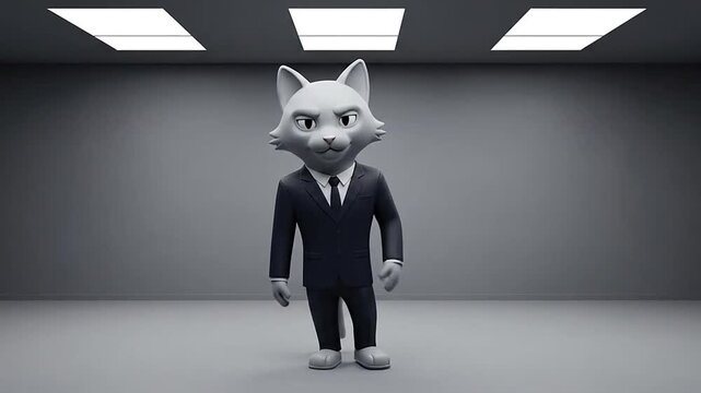 Anthropomorphic wolf character in business suit in minimalistic room.