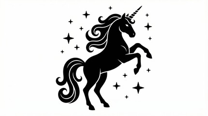 Rearing unicorn silhouette with stars on white background