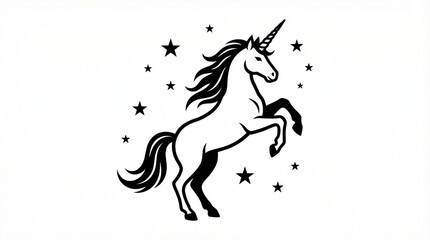 Rearing unicorn silhouette with stars on white background