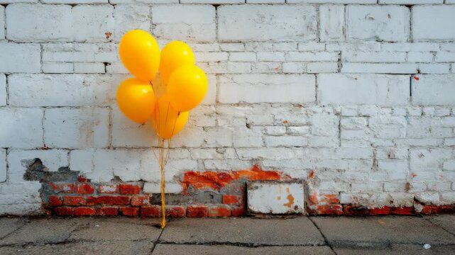Bright yellow balloons against rustic white brick wall