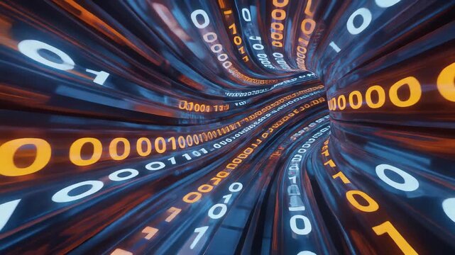 Abstract digital tunnel with glowing binary code flowing through futuristic data stream