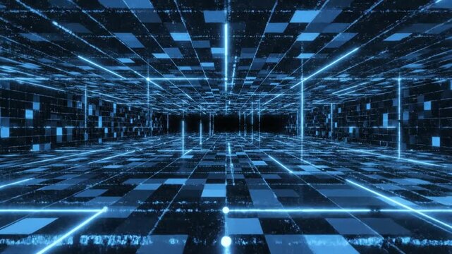 Abstract digital data tunnel with glowing lines and geometric pattern