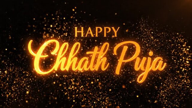 Happy chhath puja animated text with orange glowing effect on black