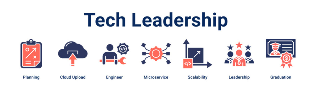Tech Leadership banner web icon vector illustration concept for education with icon of Planning, Cloud Upload, Engineer, Microservice, Scalability, Leadership.