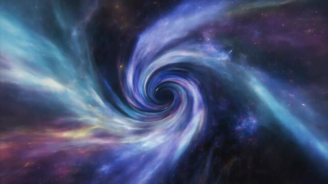 Spiral galaxy with bright blue and purple cosmic clouds in deep space with stars and glowing celestial objects