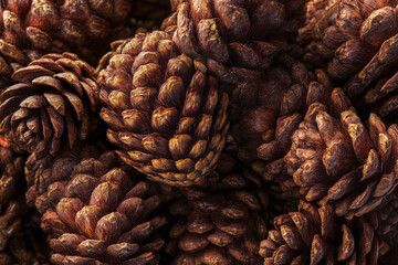 Natural background of overlapping brown pine cone scales with rough organic texture