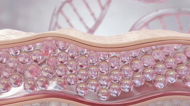 Close up 3D rendering of skin layers with collagen spheres and DNA strands in soft pink tones