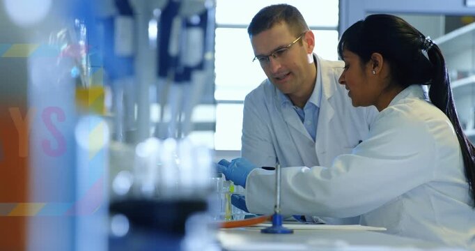 Animation of school days text over diverse scientists in lab