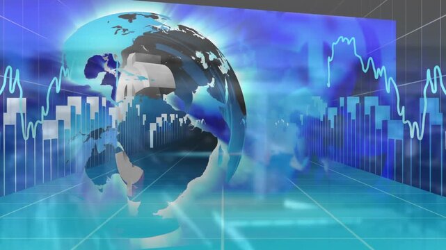 Animation of dollar sign in rotating globe with multiple moving graphs and grid pattern