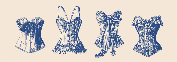 vintage rococo fashion illustrations, hand drawn engraving style, antique women's garments, corsets, blouses