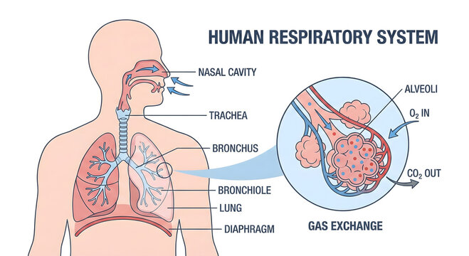 Human Respiratory System: A detailed, clear illustration of the human respiratory system, showcasing the intricate pathways of oxygen and carbon dioxide.||respiratory system, human, anatomy, science.