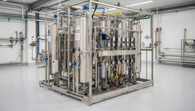 Medium shot of a membrane skid unit showcasing advanced filtration technology in a closedloop white water system with pipes and gauges in a clean industrial setting.