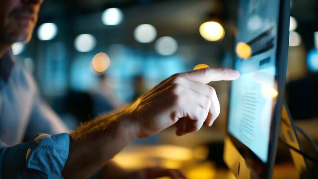 Faceless mature businessman hand pointing at touch screen, computer monitor interaction, coworking office operation, business interface control, professional workspace task, defocu